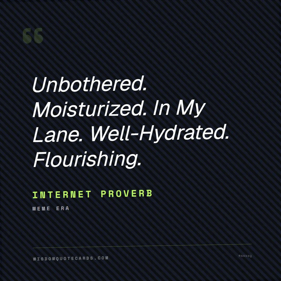 Quote by Internet Proverb about sassy, main character, selfie: Unbothered. Moisturized. In My Lane. Well-Hydrated...